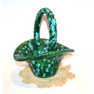 Vintage Ceramic Basket Turquoise Drip Basket Weave 1960s